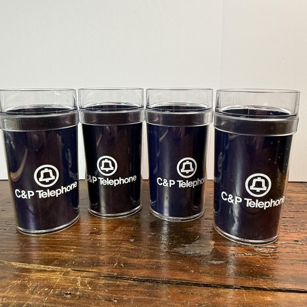 Vintage C&P Telephone Stropez Plastic Tumblers Set 4 Blue Bell Logo Cups